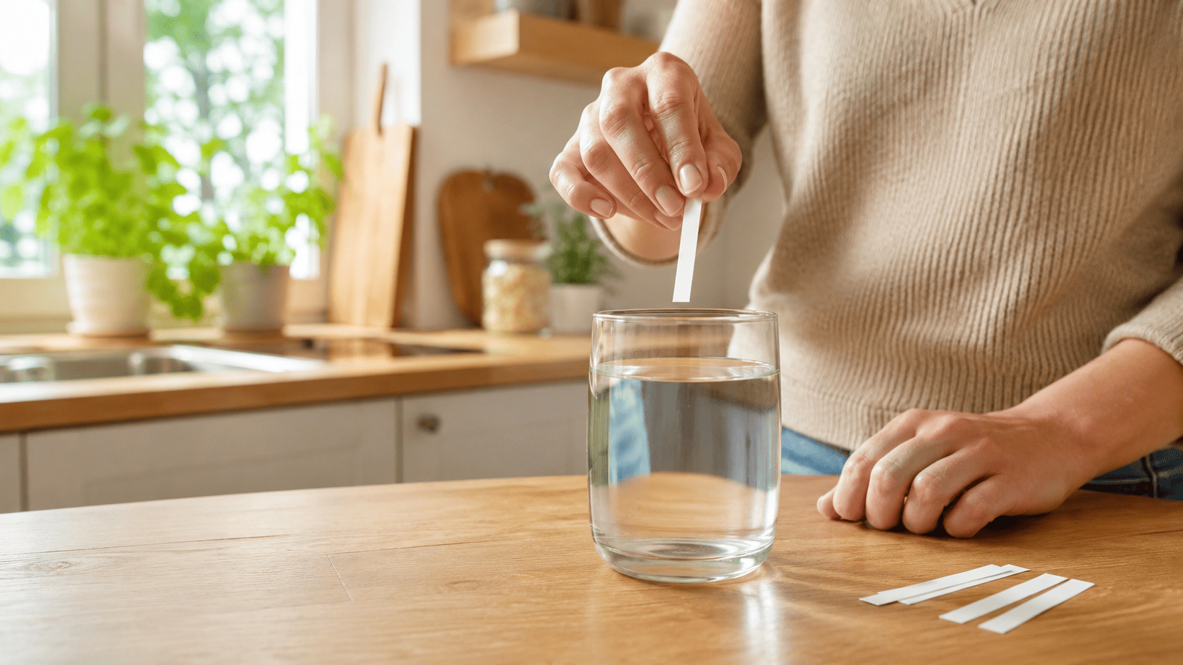 Domácí testování vody pomocí testovacího proužku a sklenice vody