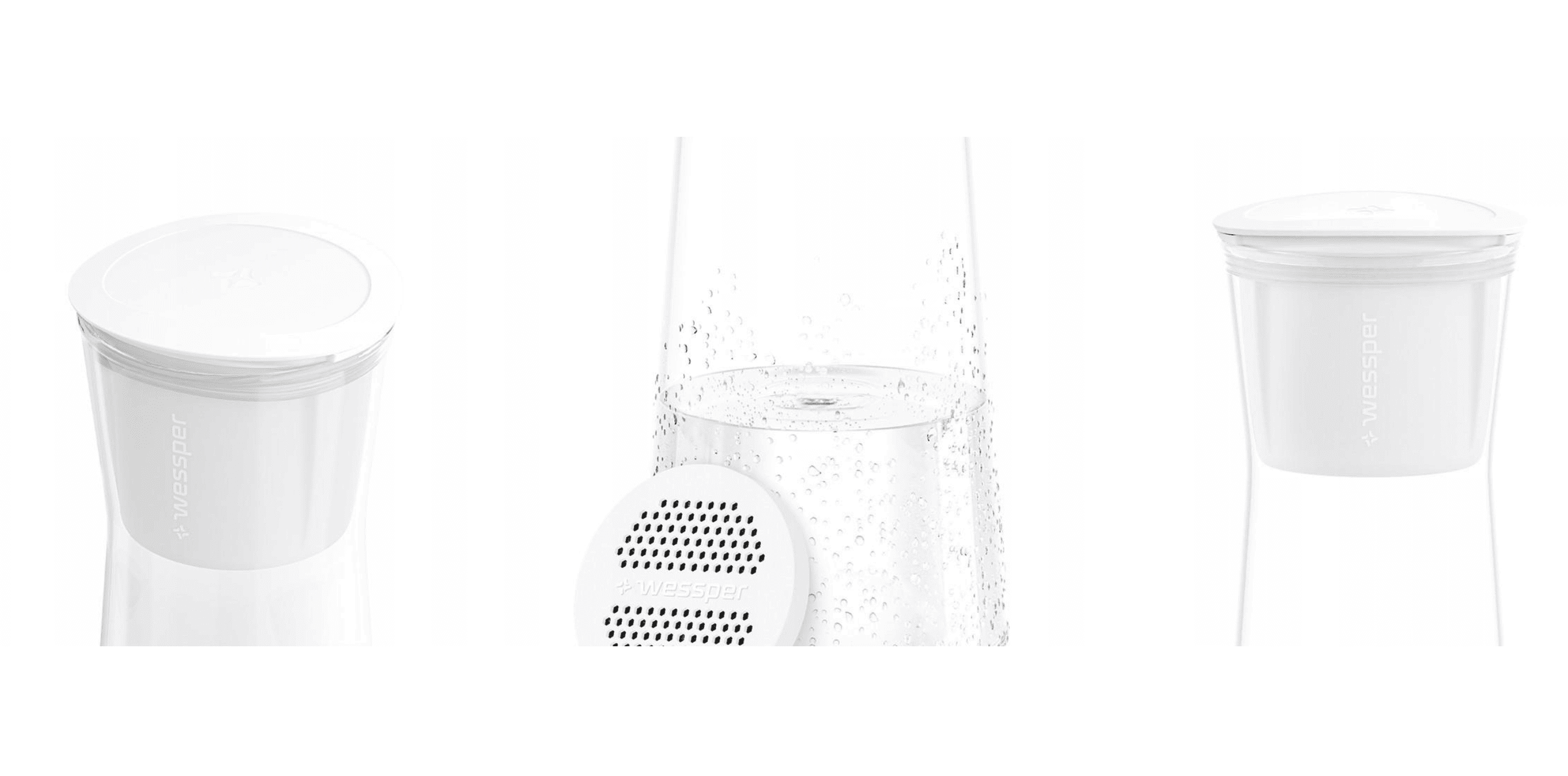 Detail skleněné filtrační karafy Wessper K1 Borosilicate Actitex s filtrem v hrdle